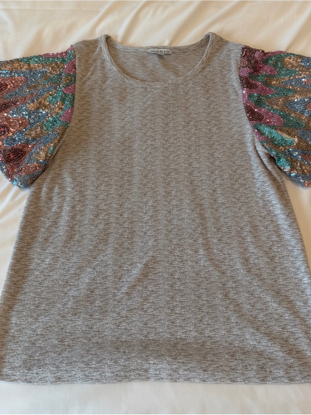St. John Gray Tee with Multicolor Sequin Puff Sleeves